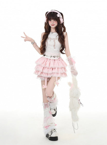 Abnehmbarer Spitzenrock mit Schleife in Rot/Rosa/Schwarz und glamourösem Y2K-Besatz