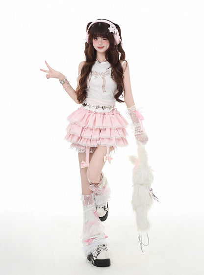 赤/ピンク/黒のレーストリムY2Kティアードスカート、グラマラス