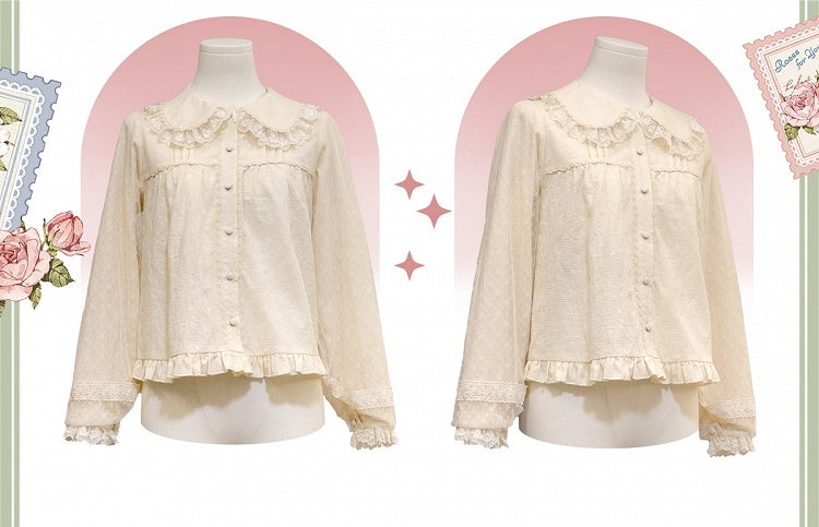 ベージュのラウンドフラットカラー長袖コットンブラウス