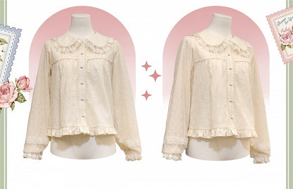 ベージュのラウンドフラットカラー長袖コットンブラウス