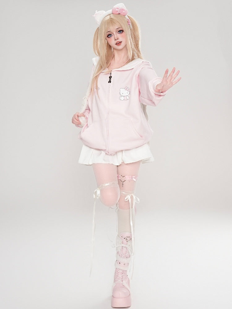 ピンク/ライトブルー/グレー/ブラック キティプリント セーラーカラー ジップ開閉 厚手スウェットシャツ