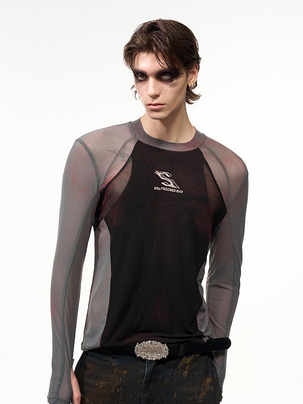 Haut coupe ajustée Panneau Manches Poignets avec trous pour les pouces Noir avec longues semi-transparentes