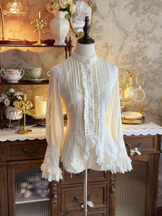 Sleeevs with Pleating Stand and Collar Lace Trim Blouse Beige Details Long