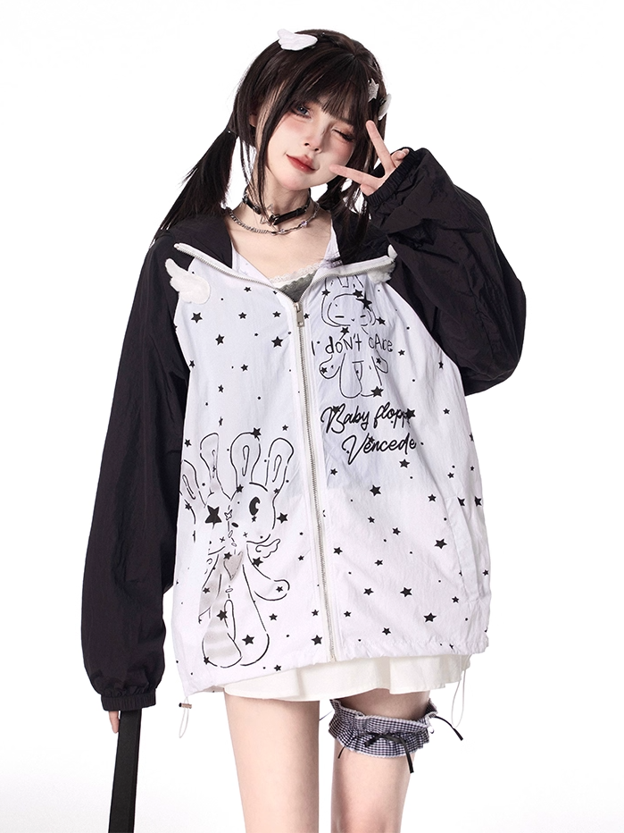Design Kapuze Ohren Kitty Colorblock Zip-up Jacke Cartoon Print Schwarz/Grün