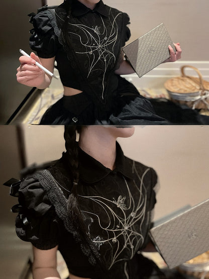 White/Black Short Web Collar Detachable Sailor Version Embroidered Spider