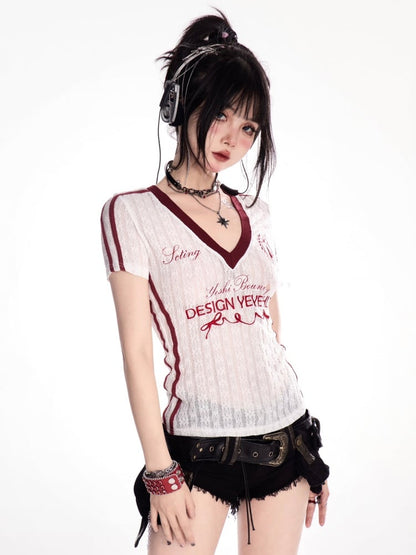 ブラック/ホワイト Vネック レター刺繍 セミシアーTシャツ