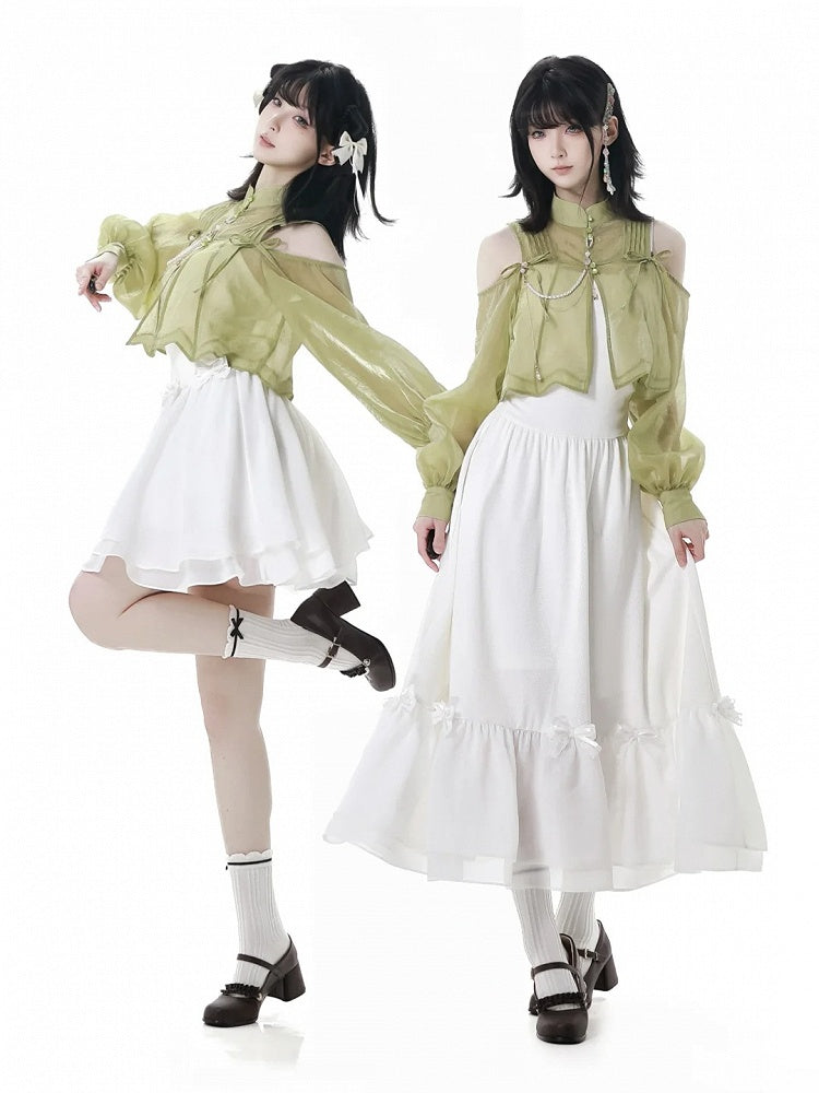 Weißes Unterkleid mit Schleifendetails, kurze/lange Version