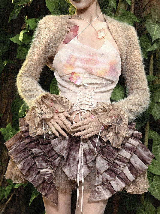 Spring Flounce Sleeves Top Lace Cuffs Camel Long Cropped