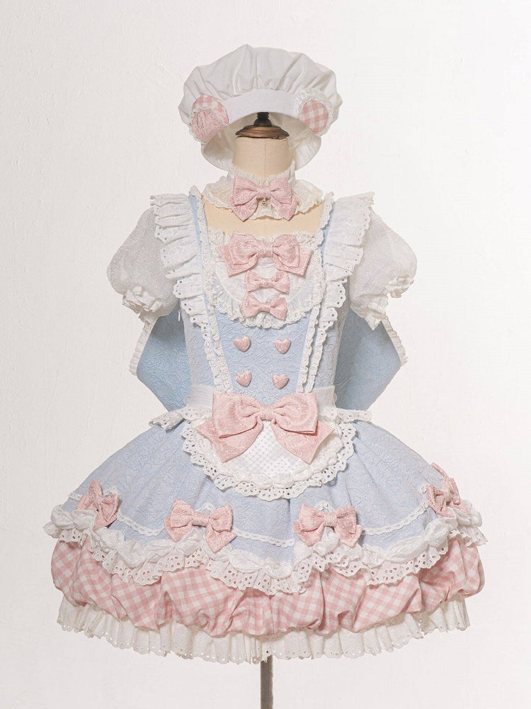 Light Blue Sweet Bow Faux Two-Piece Short Sleeve Lolita OP Dress with Apron - Asleep Townlet