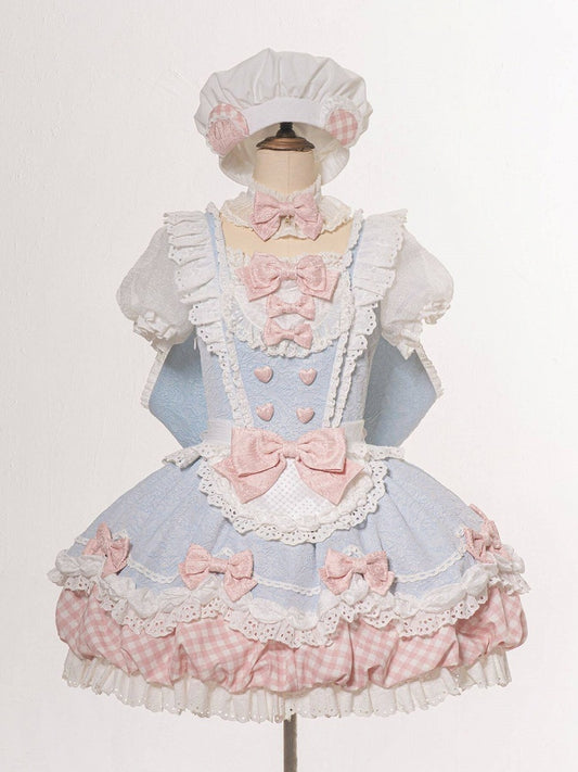 Light Blue Sweet Bow Faux Two-Piece Short Sleeve Lolita OP Dress with Apron - Asleep Townlet