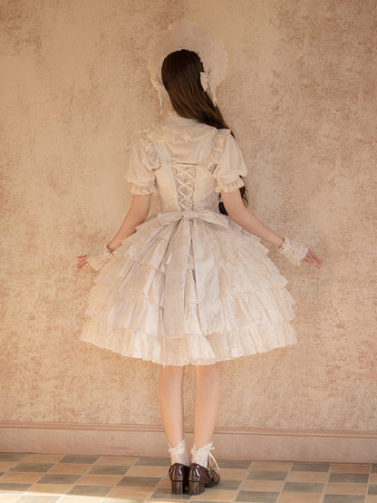 Beige Brown Bunny Print Ruffle Sweet Lolita Jumper Skirt with Bows - NnSTAR