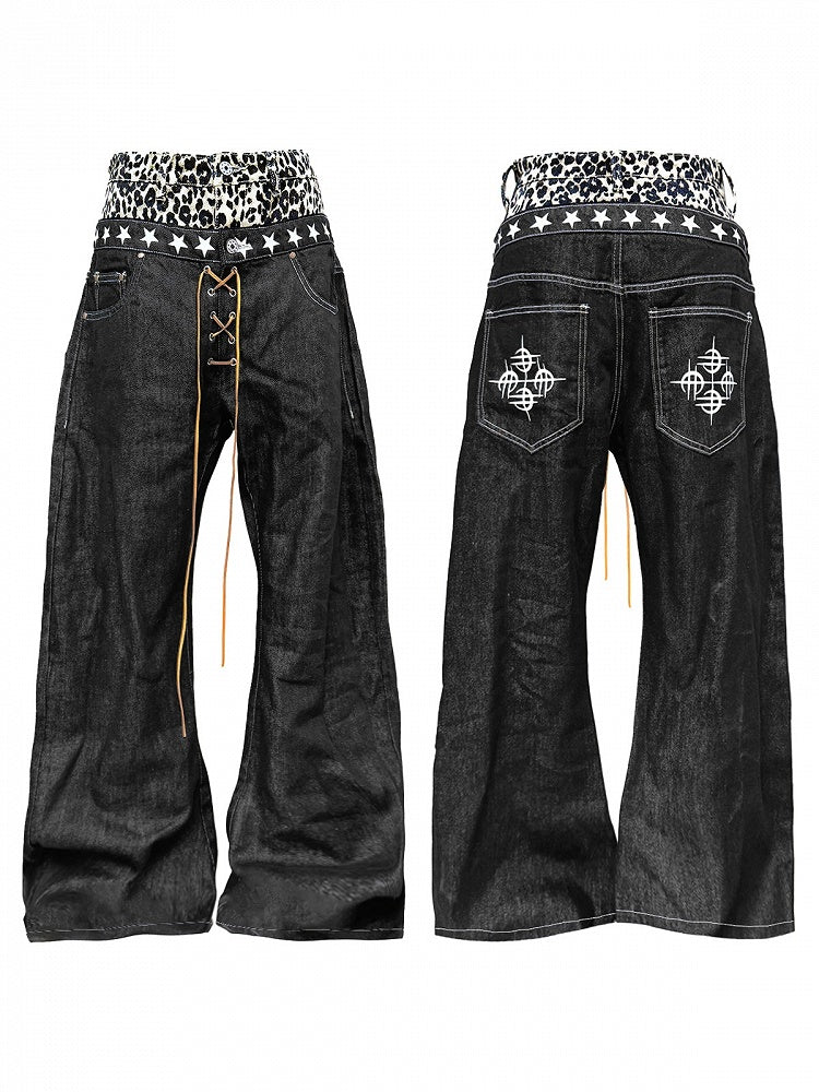 Rock Punk Leopard Print Double Waistband Curved-Leg Black Jeans - DETW OnLine