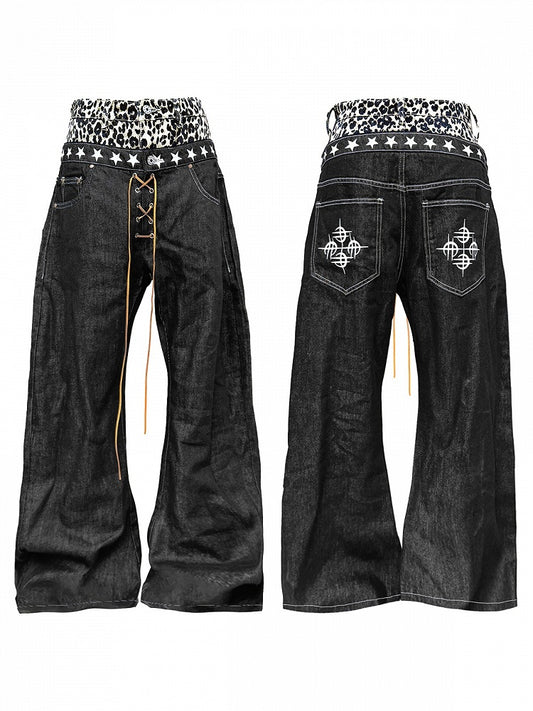 Rock Punk Leopard Print Double Waistband Curved-Leg Black Jeans - DETW OnLine
