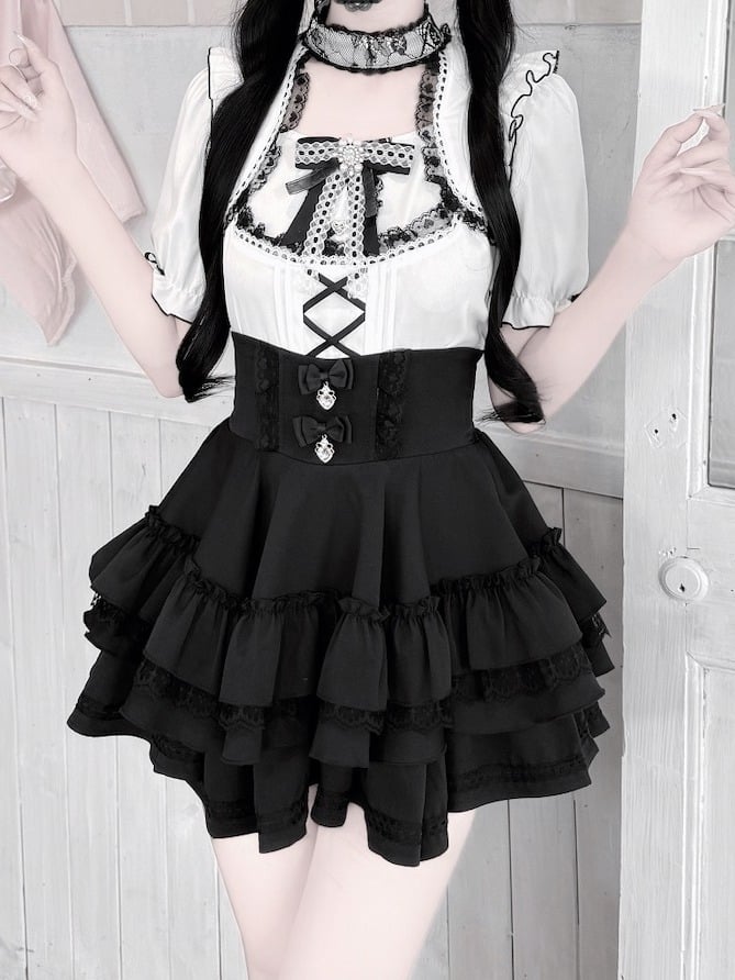 Monochrome Ruffle Sleeve Blouse with Lace, Bow and Choker Accents - GingaU