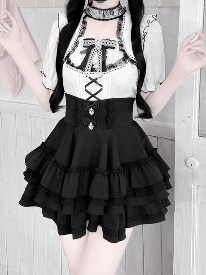 Monochrome Ruffle Sleeve Blouse with Lace, Bow and Choker Accents - GingaU