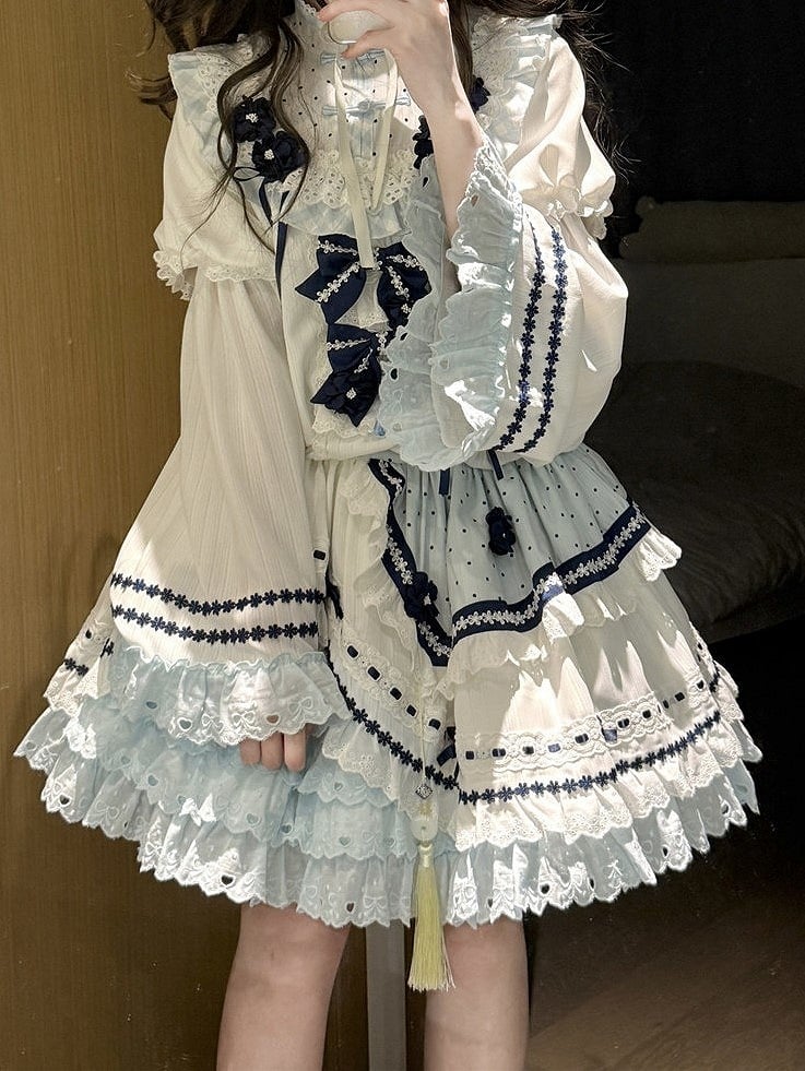 and White Banded Lolita Han Accents Blue Flower Collar Bow Dress with Puff Sleeves