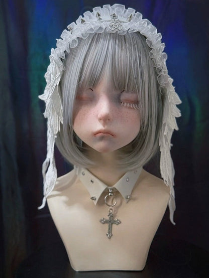 White Lace Headband with Stud Ornaments - Strange Sugar