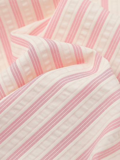 Kawaii Pink Striped Short Sleeve Shirt with Puppy Embroidery - Languid Park