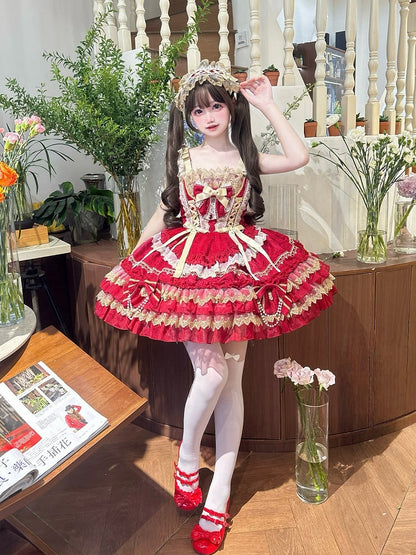 Kleid Rot Prinzessin Tiered Verziert Perlen Rock Schleifen Lolita Kette