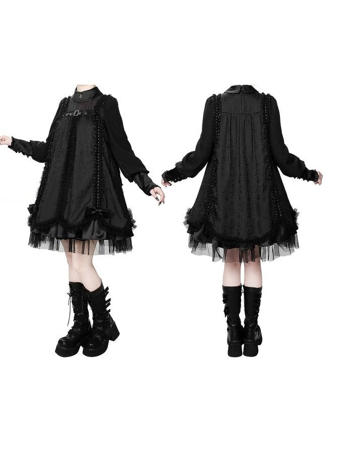 Black Gothic Lolita Pleated Dress with Round Collar, Lace and Metal Accents - Kuroya