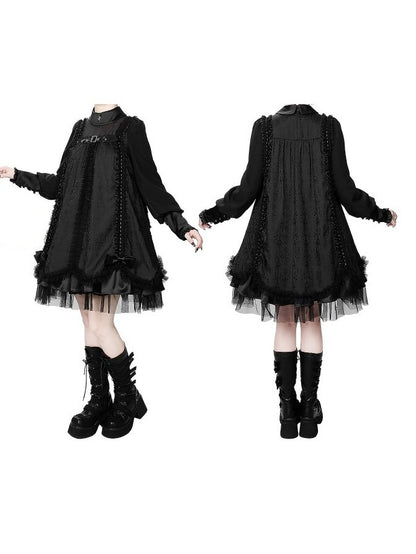 Black Gothic Lolita Pleated Dress with Round Collar, Lace and Metal Accents - Kuroya