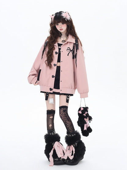 Pink Heart-shaped Snap Baseball Jacket with Detachable Bowknot Strap