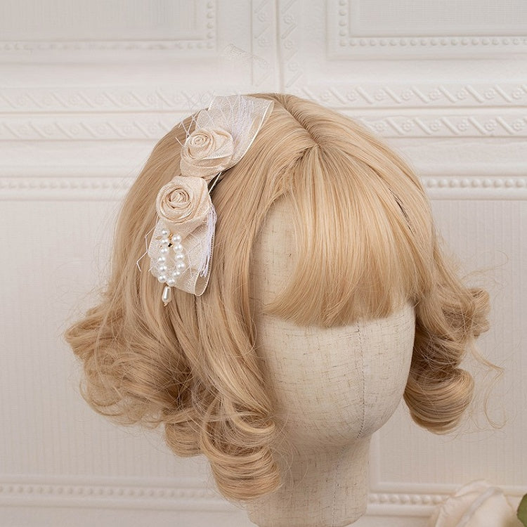 Details with and Tulle Rose Bow Champagne Hairclip Bead Lolita Vintage