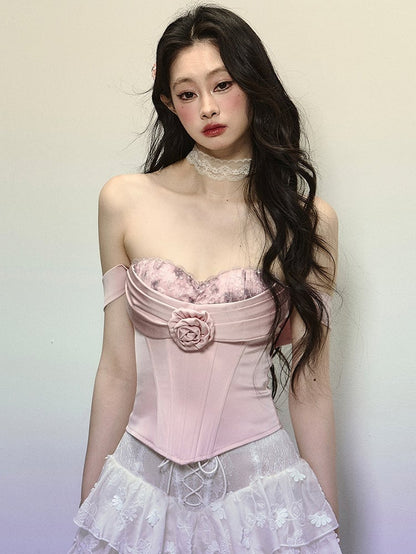 Rosafarbenes Bustier-Korsett-Oberteil mit Blumenmuster und Stäbchen
