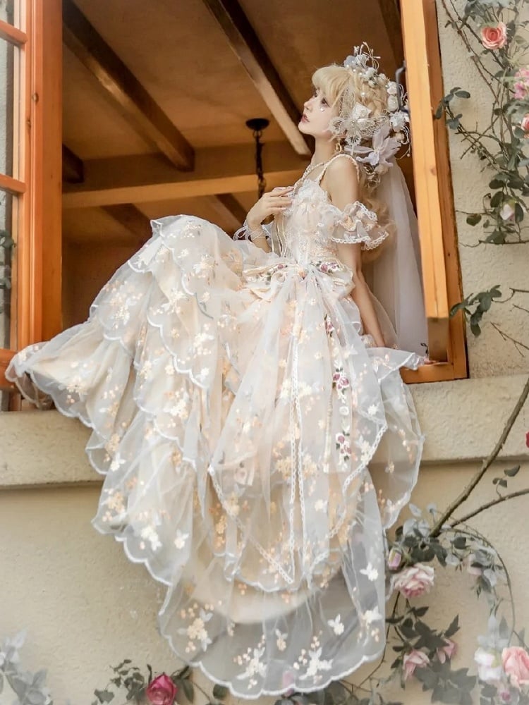 Wrist Full Painting-Inspired Apricot Lolita Skirt + Set Short Elegant Embroidered Cuffs Hanayome JSK - Oil Extension Large Floral Dress White Bow Brooch