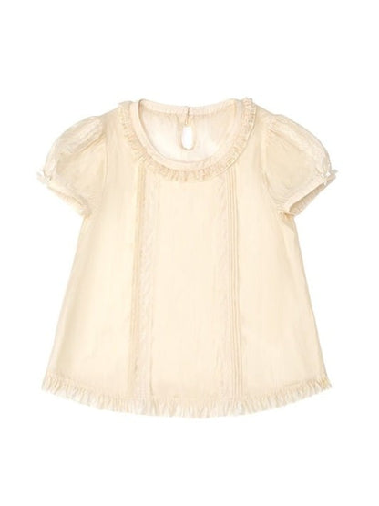 Beige Round Neck Sheer Tencel Top with Lace Accents - Yimu Walnut