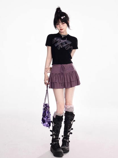 Neck Strass Spitze Bowknot Print Schwarz T-shirt Lila Brief Crew