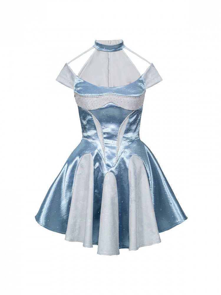 Blue Y2K Satin Halter Neck A-Line Dress with Rhinestone - Virtual Orbit
