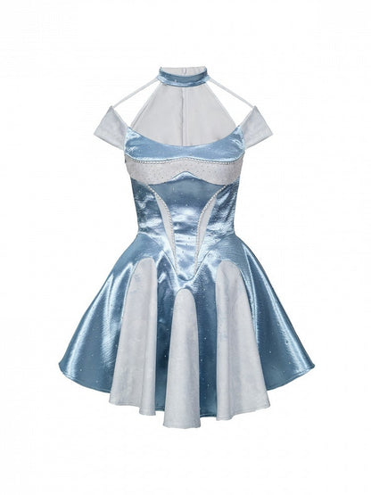 Blue Y2K Satin Halter Neck A-Line Dress with Rhinestone - Virtual Orbit