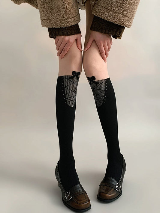 Black Fishnet Panel Stockings Lace-Up