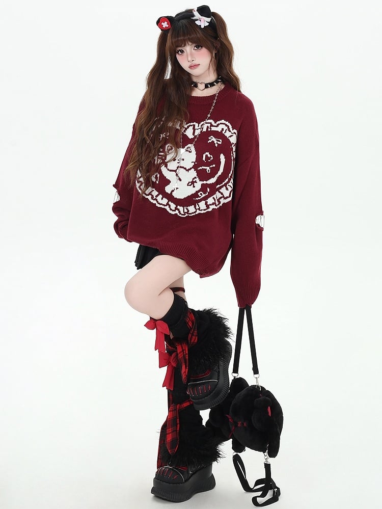 Black Striped Bunny Ears Hooded V-neck Cardigan