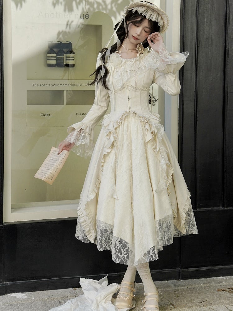 Lolita Dress with Rose Fabric, Lace Panels and Asymmetric Skirt in Beige