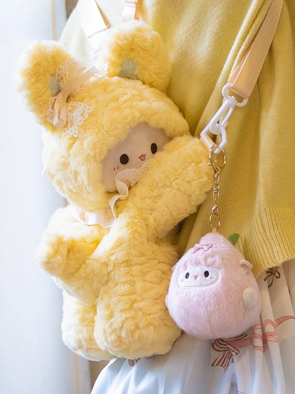Bowknot + mittlerer/großer Schlüsselanhänger-Rucksack in Kaninchenform, 3 Plüschoptionen, Gelb