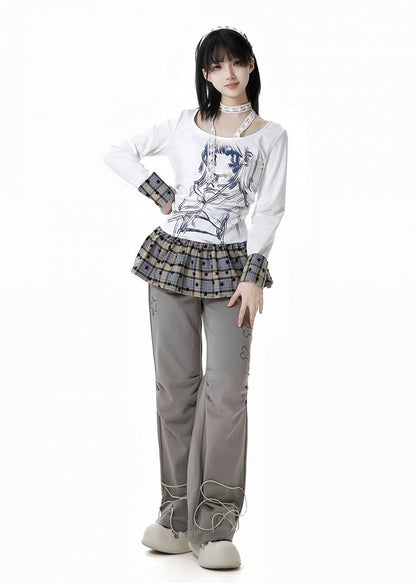 Pants Straight-leg Black/Gray Bittersweet Bone and Star Embroidery Cuffs Drawstring