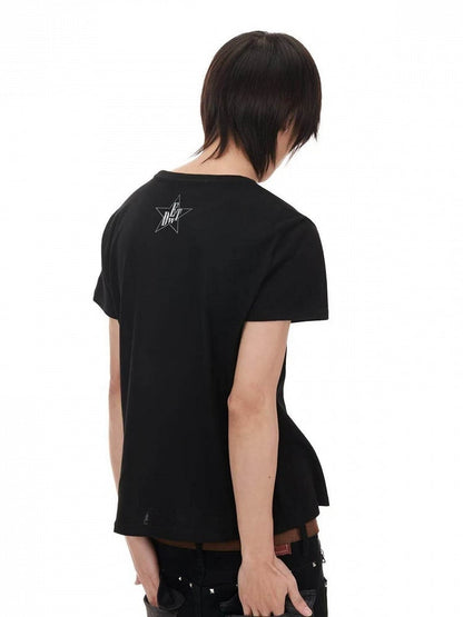 Black Round Neck T-Shirt with Letter Print - DETW OnLine