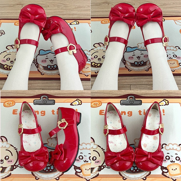 Wine Red Sweet Lolita Mary Jane Shoes - Round Toe with Bow Details & Rabbit Buckle