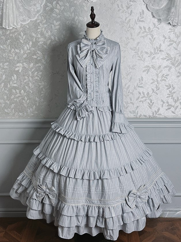 Gray Layered with Ruffle Skirt Classic Blue Lolita Elegant Striped Embellishments Bow