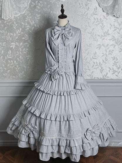 Gray Layered with Ruffle Skirt Classic Blue Lolita Elegant Striped Embellishments Bow