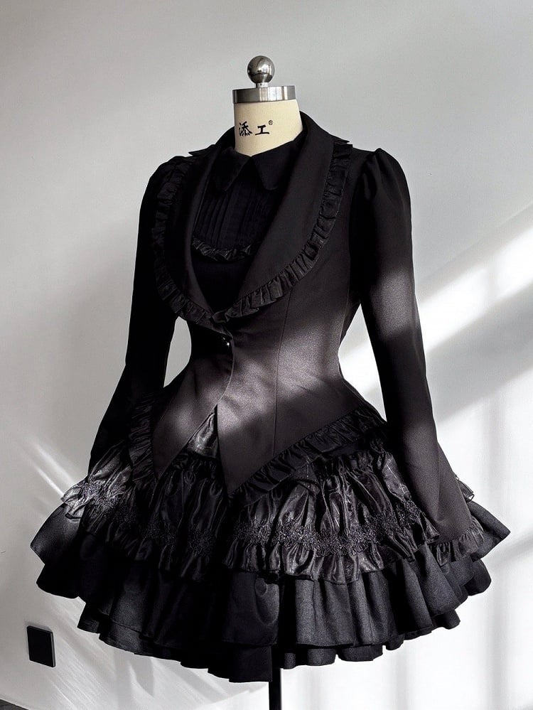 Black Gothic Lolita Tiered Ruffle Puffy Skirt