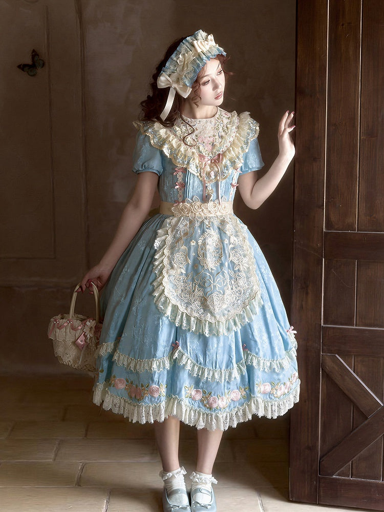 Embroidered Blue Classic Lolita OP Dress with Scallop Lace Trim