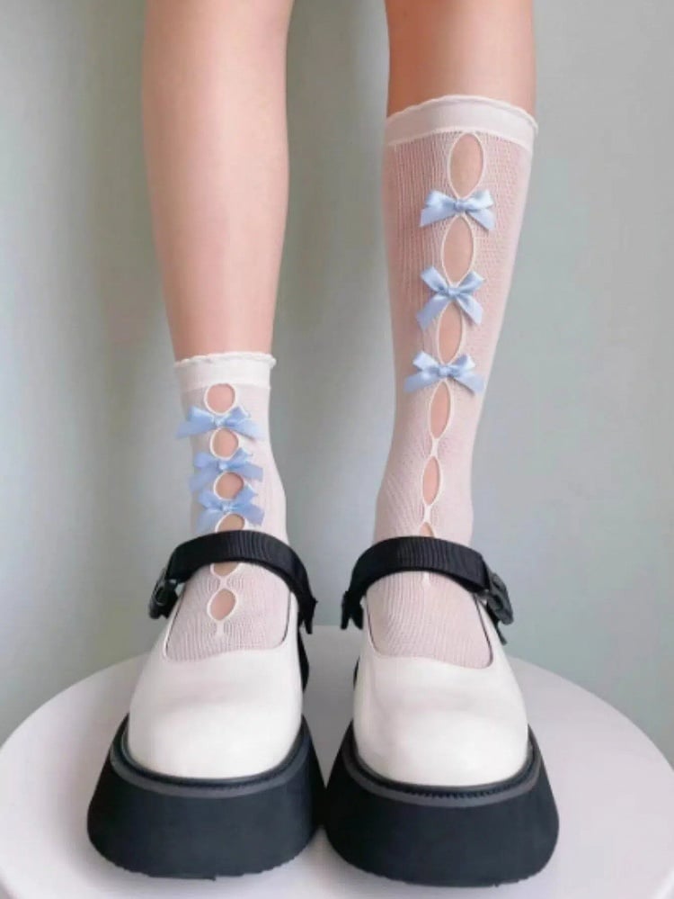 Colors) Bow Cutout (6 Sheer Detail Lolita Style Socks
