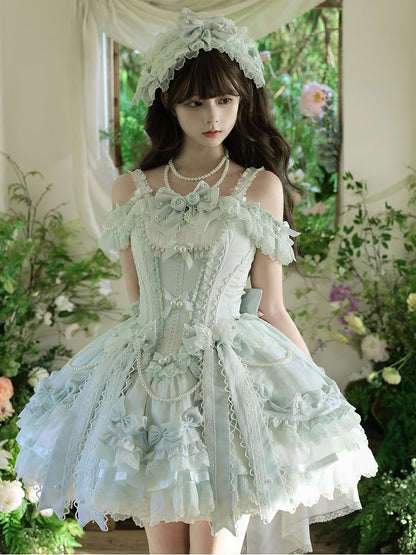 Green Dress Waist and with Princess Bows Bead Decorated Chains Lolita Corset Balletcore