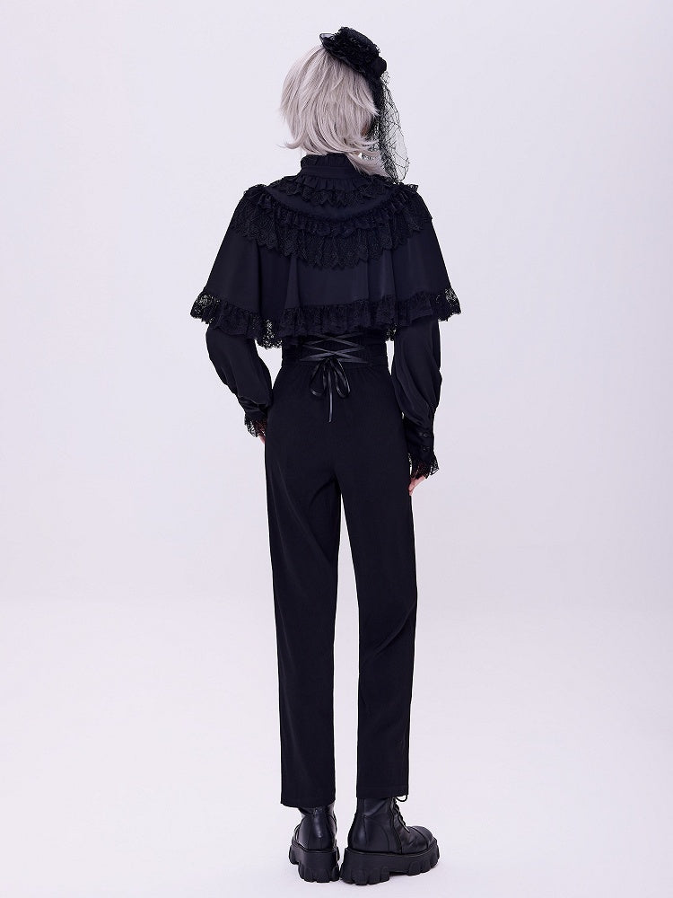 Black Lace-Trimmed Cape Shirt with Detachable Collar - DevilInspired Exclusive Collection