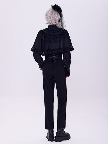 Black Lace-Trimmed Cape Shirt with Detachable Collar - DevilInspired Exclusive Collection