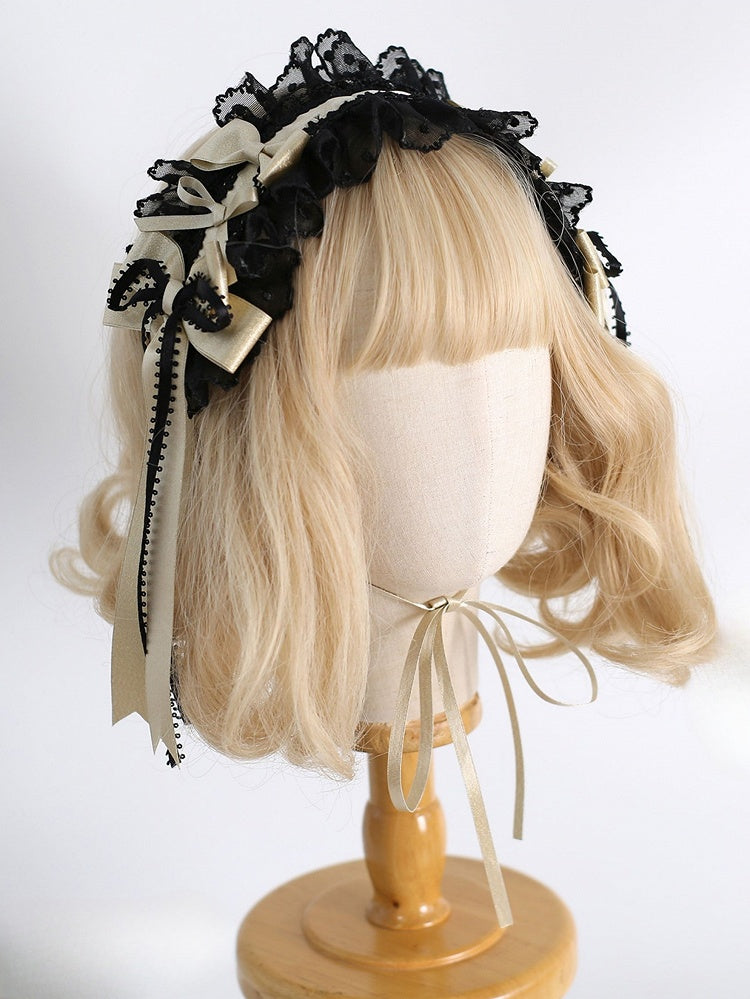 Details Ruffled Hairband Sweet Bowknot BlackGold Polka-dot Lolita Pattern