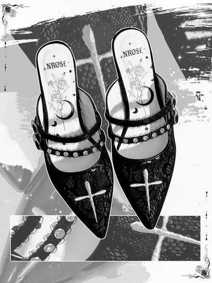 Embroidery Cross Heel with Stiletto Lace Sandals 6cm Gothic Pointed Toe Black